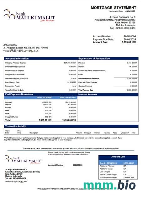 Indonezja Bank Maluku Malut wyciąg z kredytu hipotecznego szablon Word i PDF